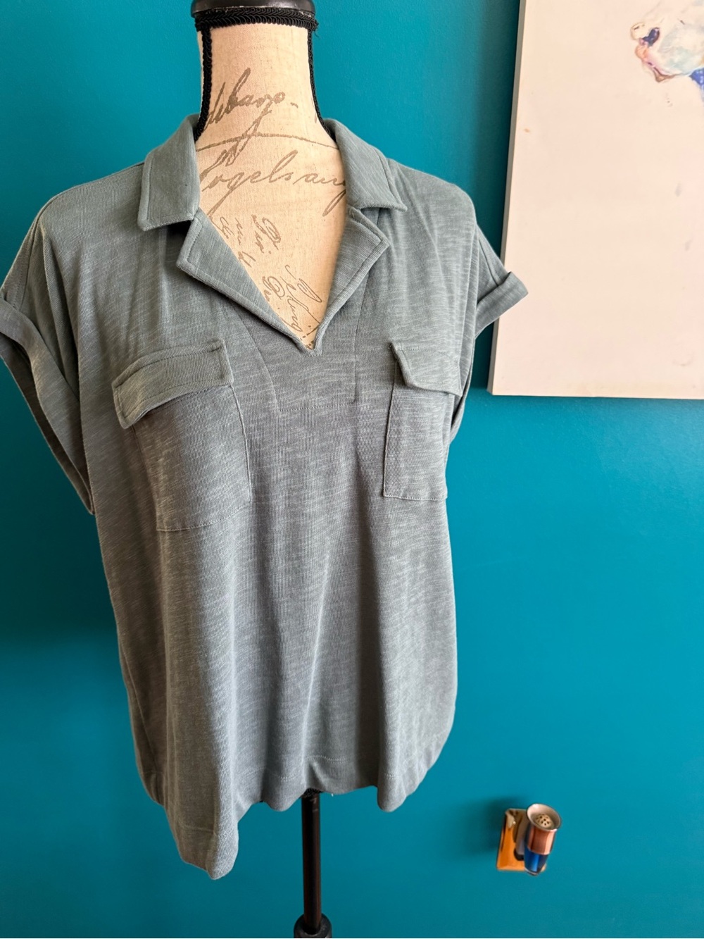 Casual V-Neck Utility Shirt in Dusty Sage